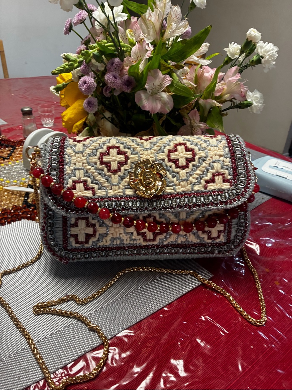 Embroidered Cream and Burgundy Crossbody Bag with Red Bead Chain